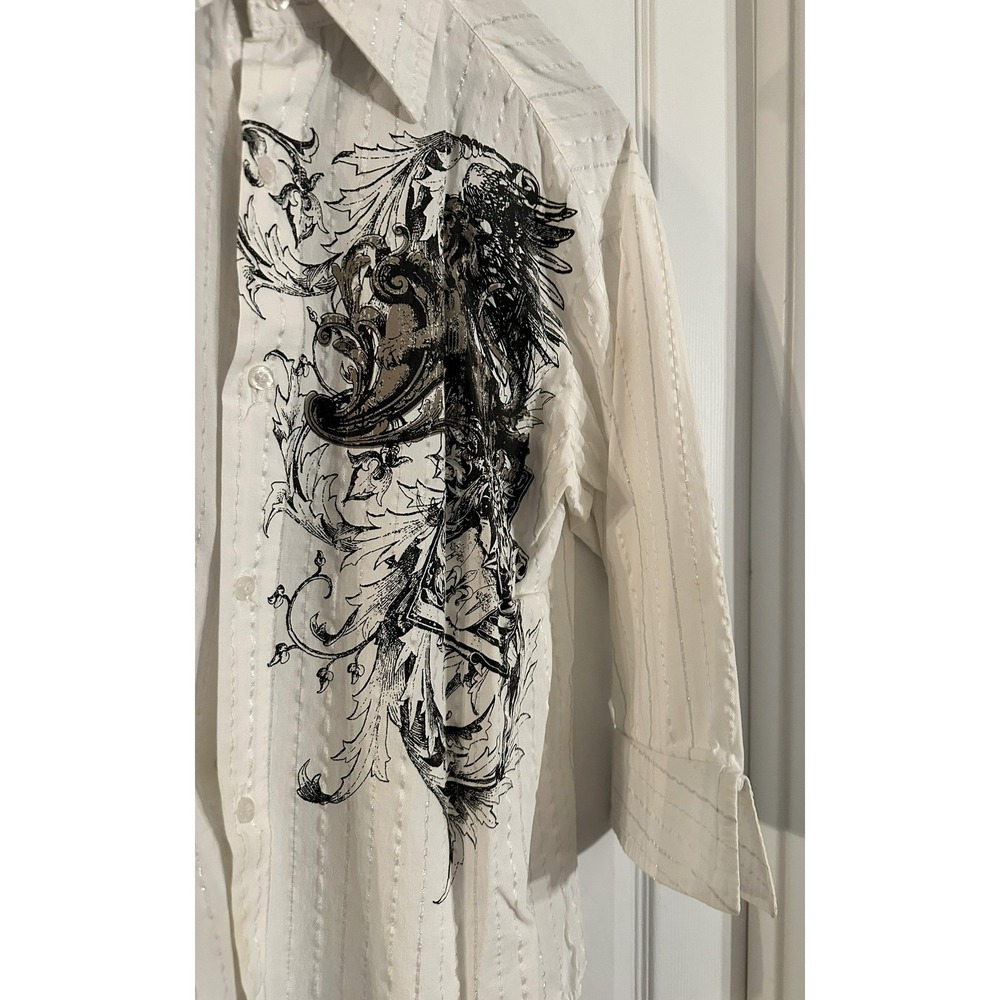 MZ USA Men's‎ White Graphic Print Button Up Shirt Size Medium - Picture 2 of 4